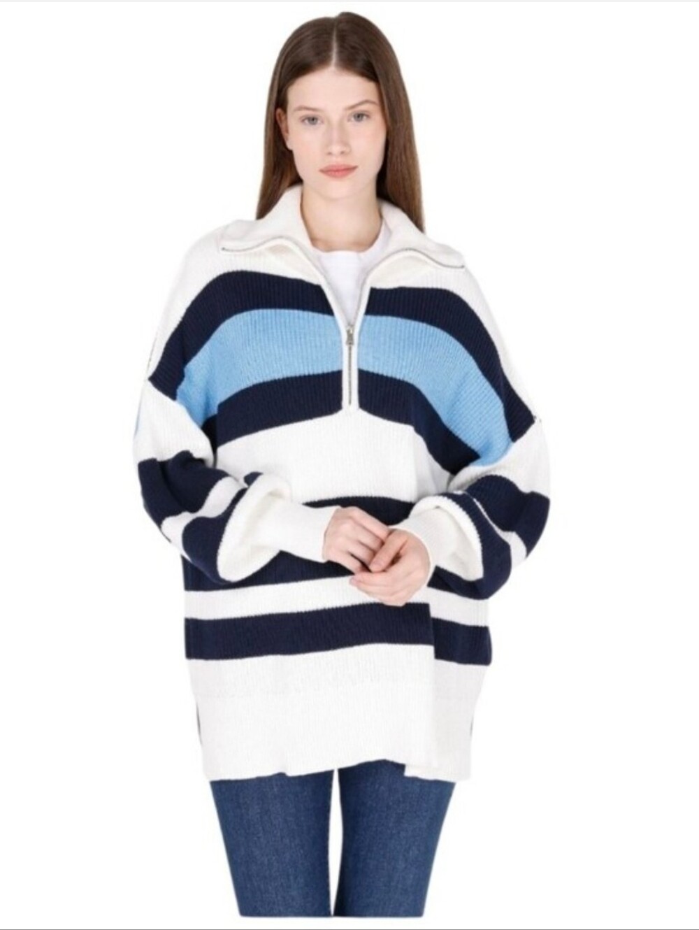 aerie Oversized Striped Half-Zip Sweater in White, Navy & Light Blue